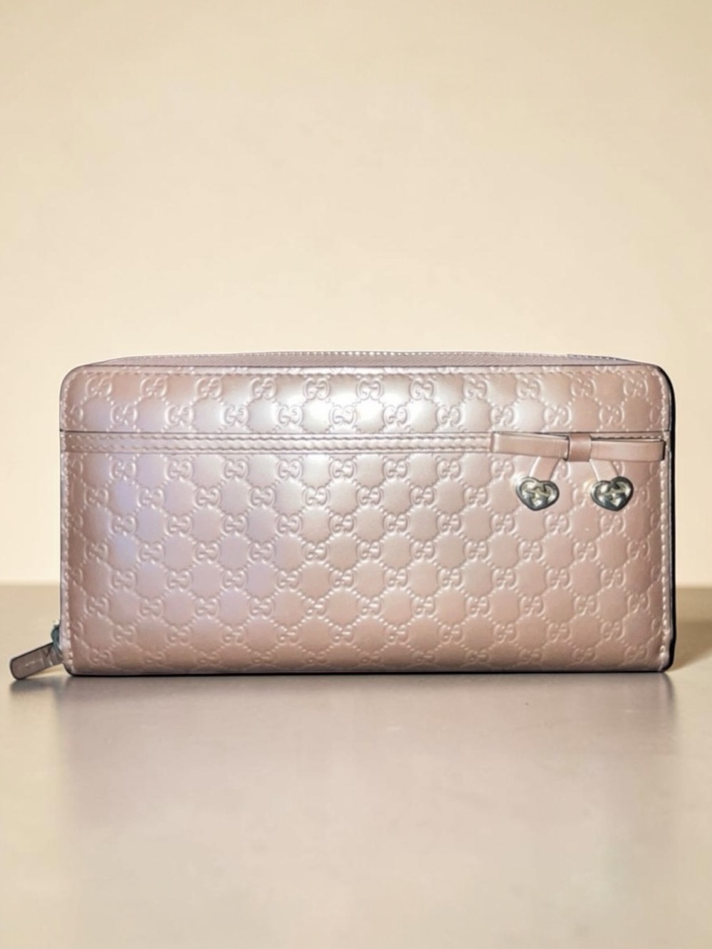 Authentic Gucci Patent Leather Zip-Around Wallet with Heart Charms- FREE COA